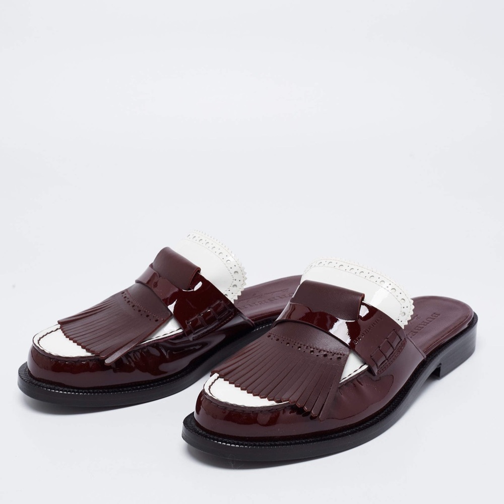 Burberry Two Tone Patent Leather Beckshill Fringe Details Flat Mules Size 39.5